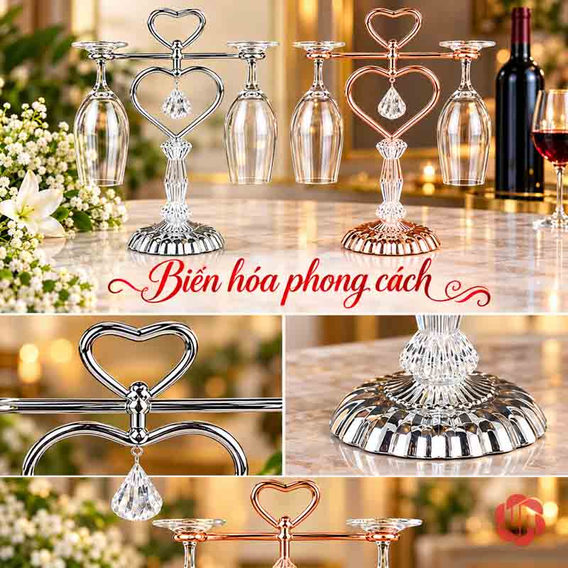 Giá Treo Ly Rượu Vang Tình Yêu UP036L Ảnh ghép giá bạc, đồng hồng và các góc cận