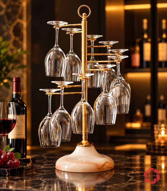 Giá Treo Ly Rượu Vang Xoắn Bậc Thang UP040L Giá ly vàng với đế sáng trong không gian ánh đèn ấm
