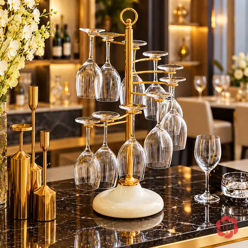Giá Treo Ly Rượu Vang Xoắn Bậc Thang UP040L Giá vàng có ly treo trên mặt quầy tối