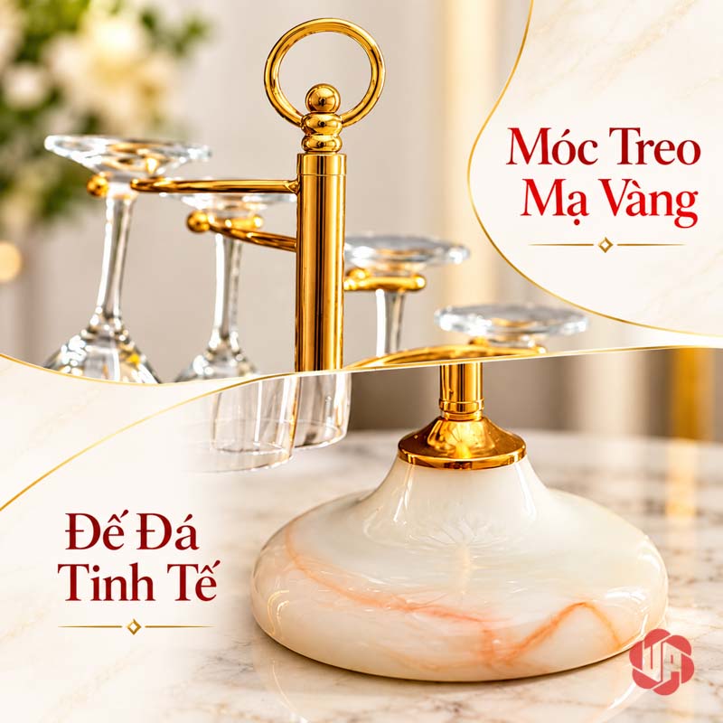 Giá Treo Ly Rượu Vang Xoắn Bậc Thang UP040L Ảnh ghép cận đỉnh trụ vàng và đế đá có vân