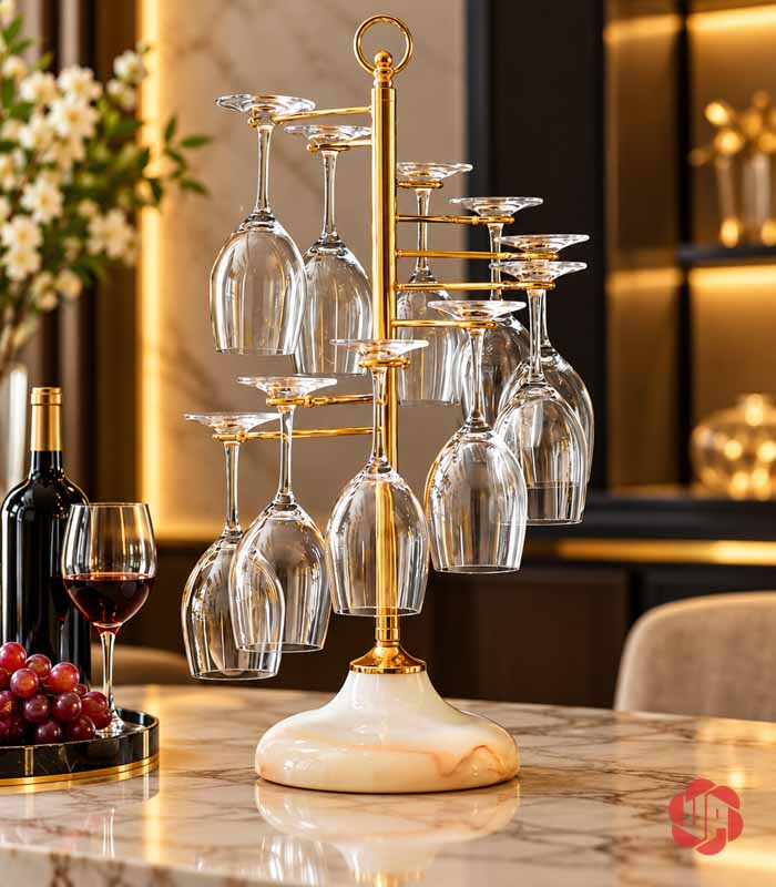 Giá Treo Ly Rượu Vang Xoắn Bậc Thang UP040L Giá xoắn có ly với chân đế đá vân cam nhạt