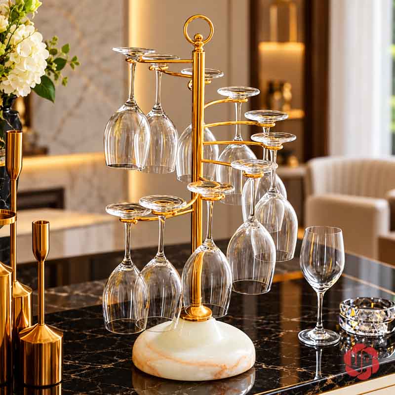 Giá Treo Ly Rượu Vang Xoắn Bậc Thang UP040L Giá ly xoắn nhìn chéo trên quầy cùng ly đứng