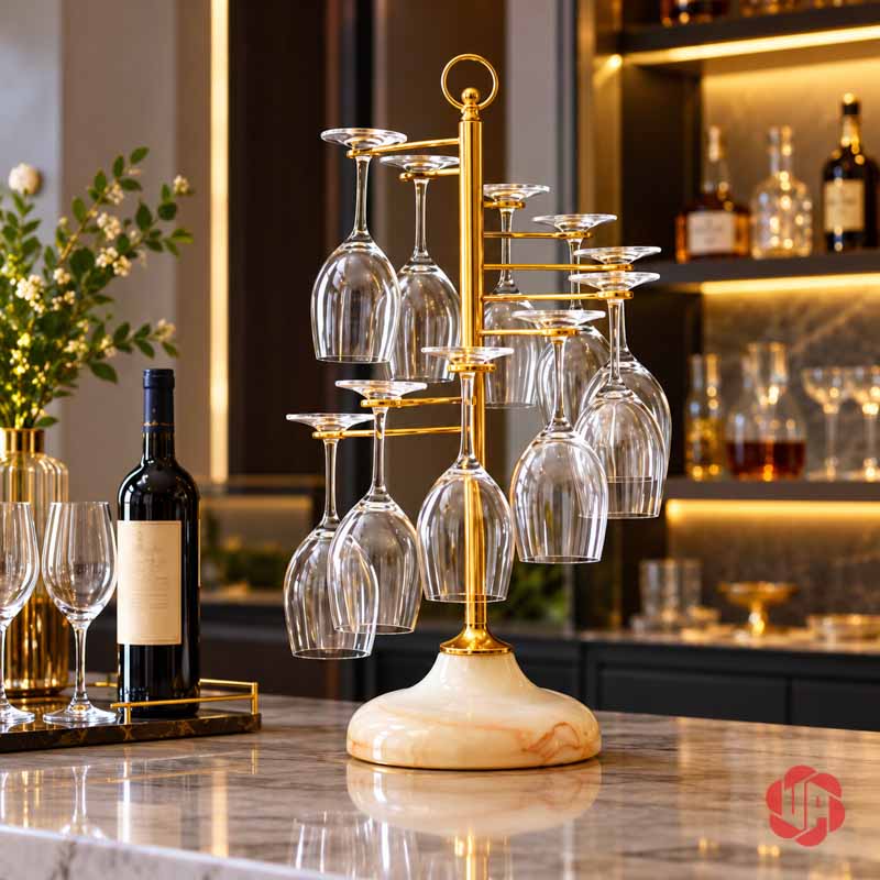 Giá Treo Ly Rượu Vang Xoắn Bậc Thang UP040L Giá ly bậc thang trên bàn cạnh chai rượu