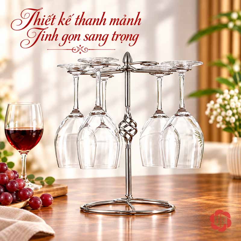 Giá Treo Ly Rượu Vang Khung Thanh Mảnh UP001L Giá treo ly màu bạc với khung thanh trên bàn gỗ