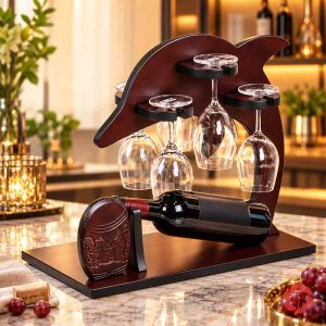 Kệ gỗ hình cá heo có chai nằm ngang và ly treo