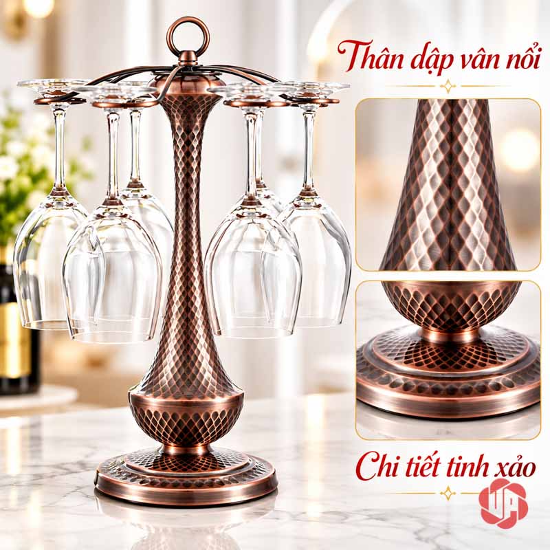 Giá Treo Ly Rượu Vang Cổ Điển UP003L Cận vân hình thoi trên thân và chi tiết chân đế giá ly