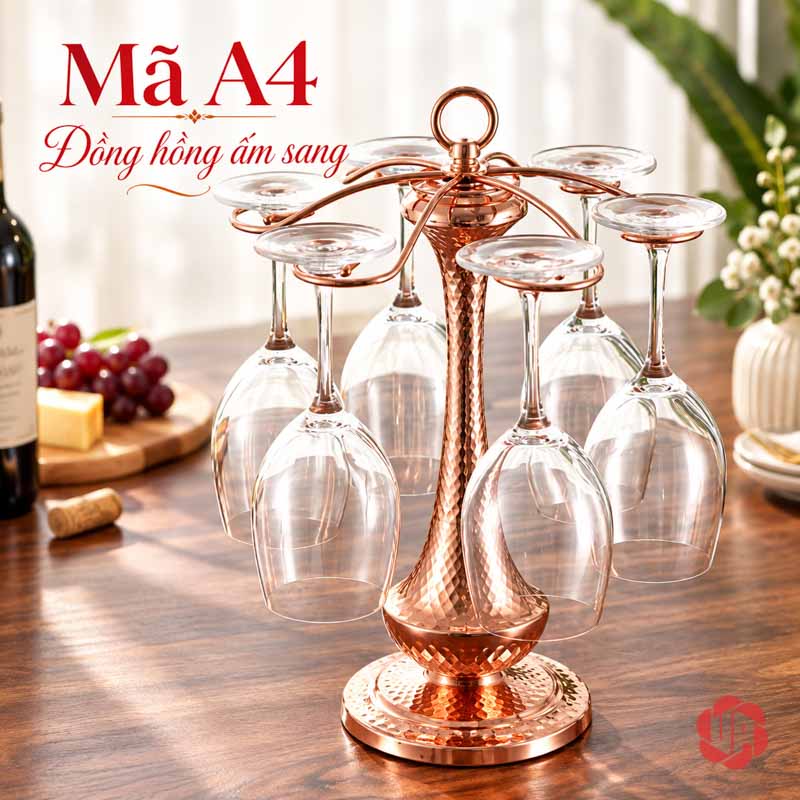 Giá Treo Ly Rượu Vang Cổ Điển UP003L Giá treo ly màu đồng hồng sáng trên bàn