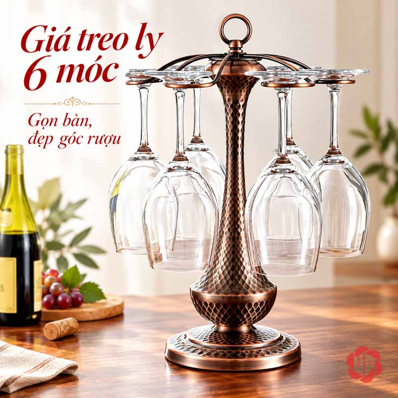 Giá Treo Ly Rượu Vang Cổ Điển UP003L Giá treo ly thân vân nổi với sáu vị trí treo