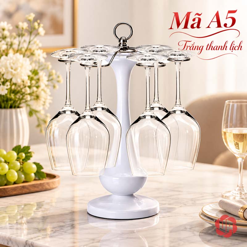 Giá Treo Ly Rượu Vang Cổ Điển UP003L Giá treo ly màu trắng với ly trong suốt