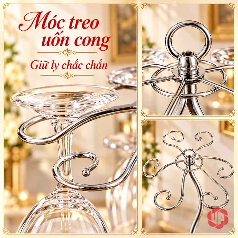 Giá Treo Ly Rượu Vang Dáng Uốn UP005L Ảnh cận móc giữ chân ly và vòng tròn trên đỉnh