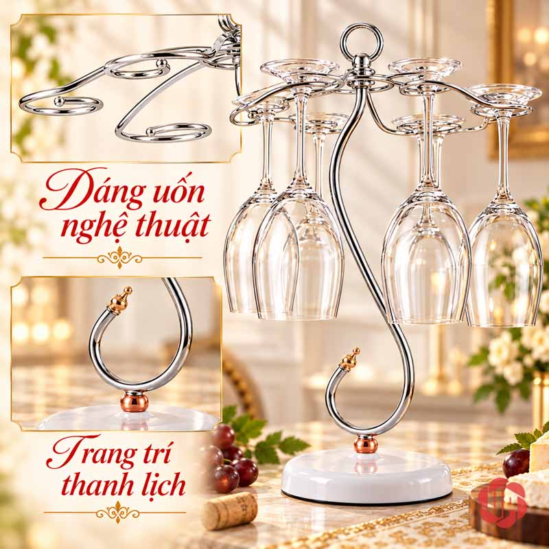 Giá Treo Ly Rượu Vang Dáng Uốn UP005L Ảnh tổng hợp thân uốn, móc và điểm nhấn màu vàng nhỏ