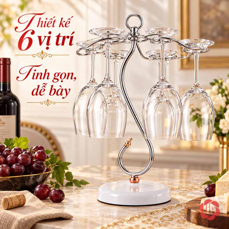Giá Treo Ly Rượu Vang Dáng Uốn UP005L Giá treo ly thân cong bên bánh và trái cây