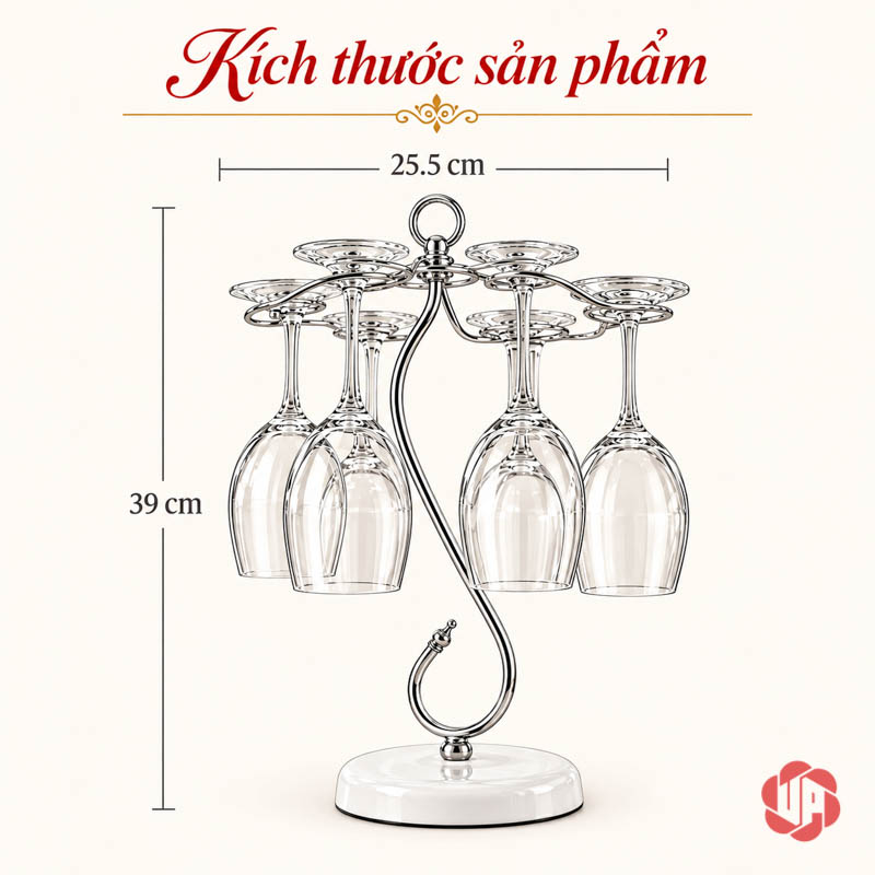 Giá Treo Ly Rượu Vang Dáng Uốn UP005L Sơ đồ giá treo ly rộng 25,5 cm và cao 39 cm