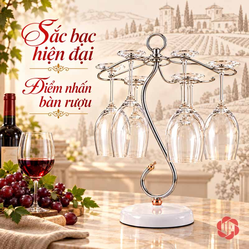 Giá Treo Ly Rượu Vang Dáng Uốn UP005L Giá ly bạc đế trắng đặt trước tranh phong cảnh