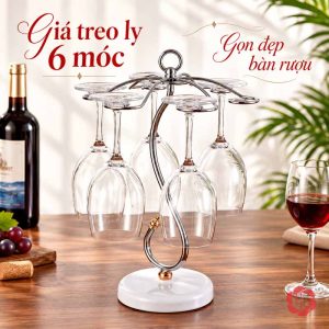Giá treo ly bạc đế trắng với sáu vị trí móc