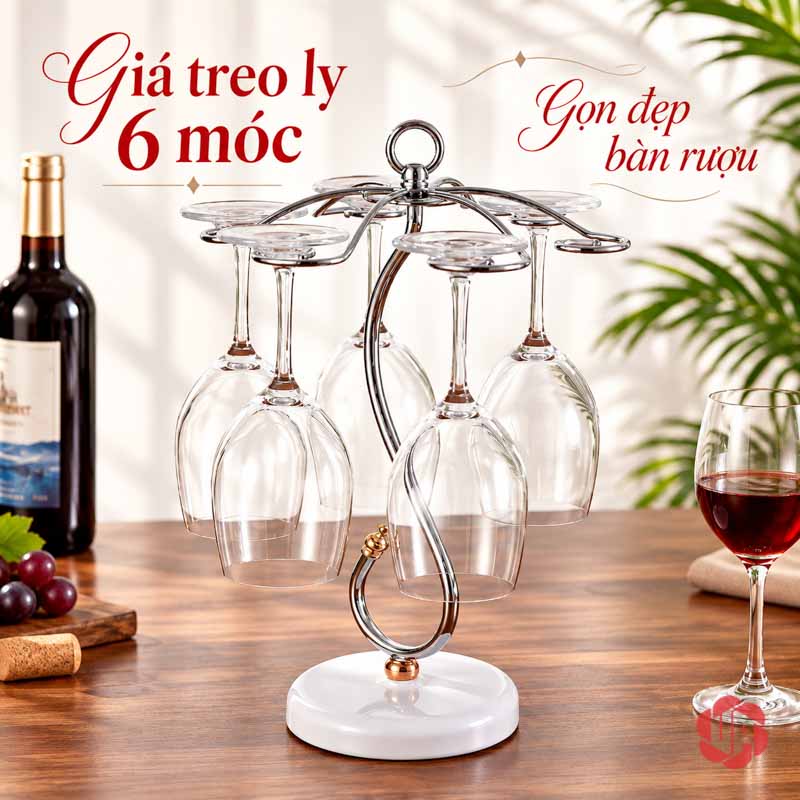 Giá Treo Ly Rượu Vang Dáng Uốn UP005L Giá treo ly bạc đế trắng với sáu vị trí móc