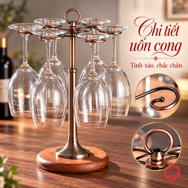 Giá Treo Ly Rượu Vang Đế Gỗ UP002L Góc cận móc uốn và chỗ nối phía trên giá treo ly