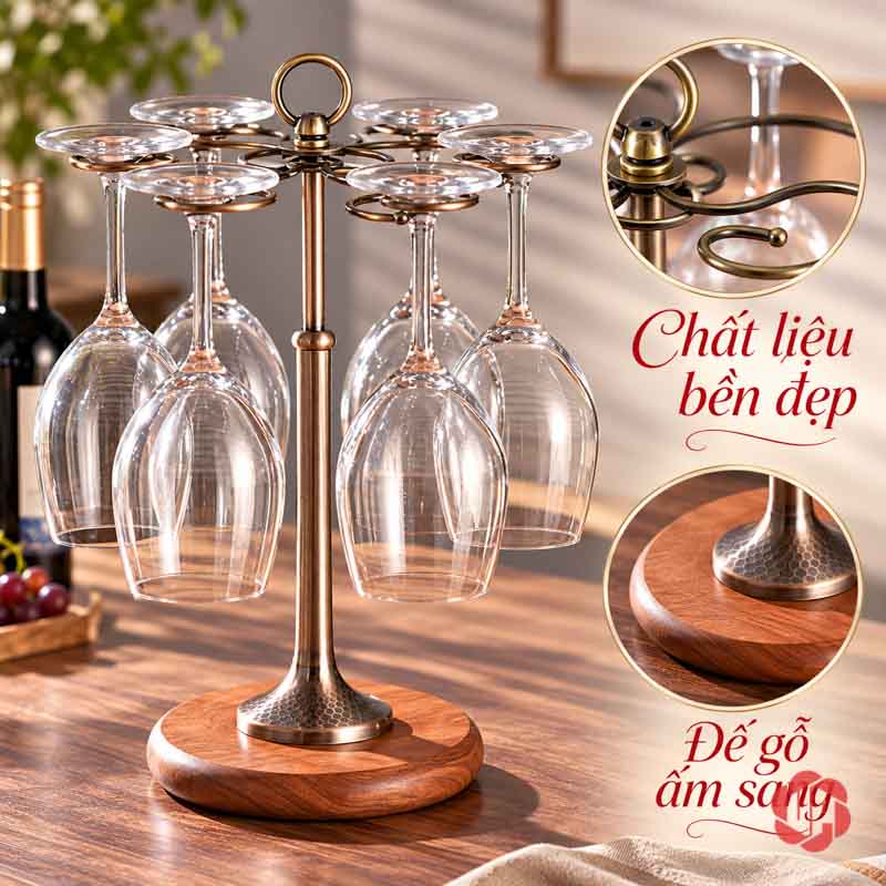 Giá Treo Ly Rượu Vang Đế Gỗ UP002L Giá treo ly cùng hai góc phóng lớn vòng đỉnh và đế gỗ