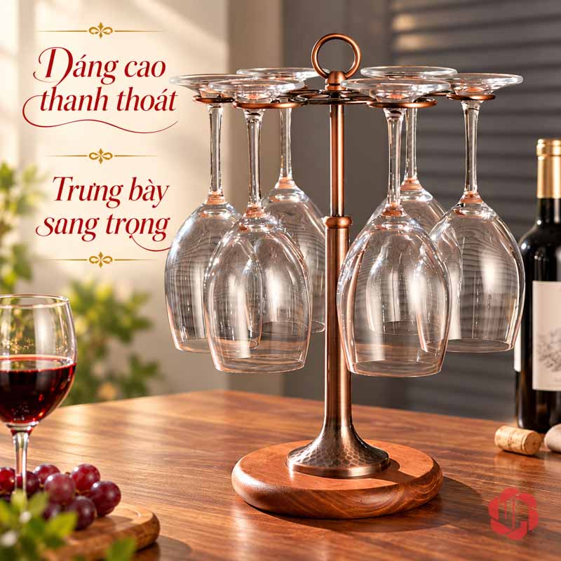 Giá Treo Ly Rượu Vang Đế Gỗ UP002L Giá treo ly dáng cao trên chân đế gỗ