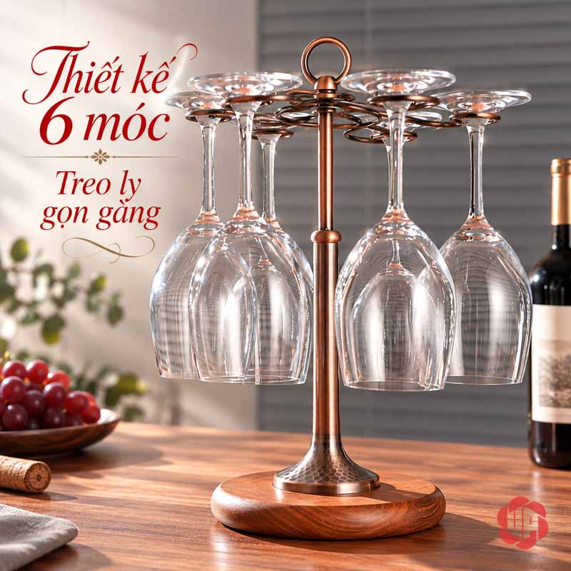 Giá Treo Ly Rượu Vang Đế Gỗ UP002L Các ly úp xung quanh thân giá hợp kim đế gỗ