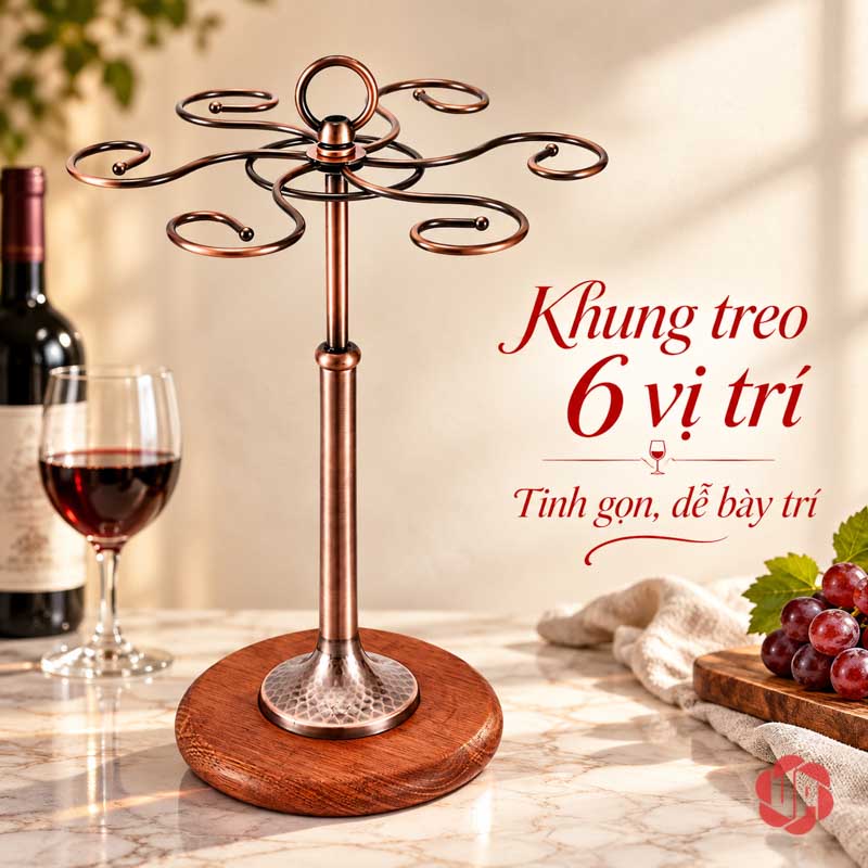 Giá Treo Ly Rượu Vang Đế Gỗ UP002L Giá nâu đồng đế gỗ không treo ly trên bàn vân đá