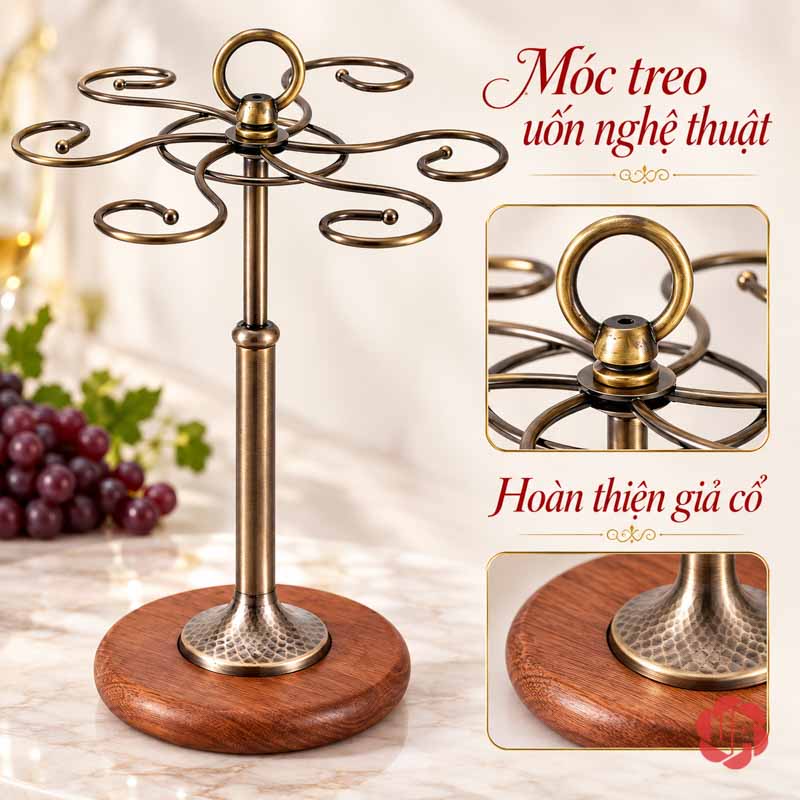 Giá Treo Ly Rượu Vang Đế Gỗ UP002L Giá không treo ly cùng góc cận vòng đỉnh và chân trụ