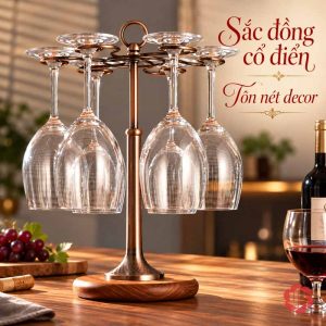 Giá treo ly nâu đồng với chân gỗ trên bàn sáng