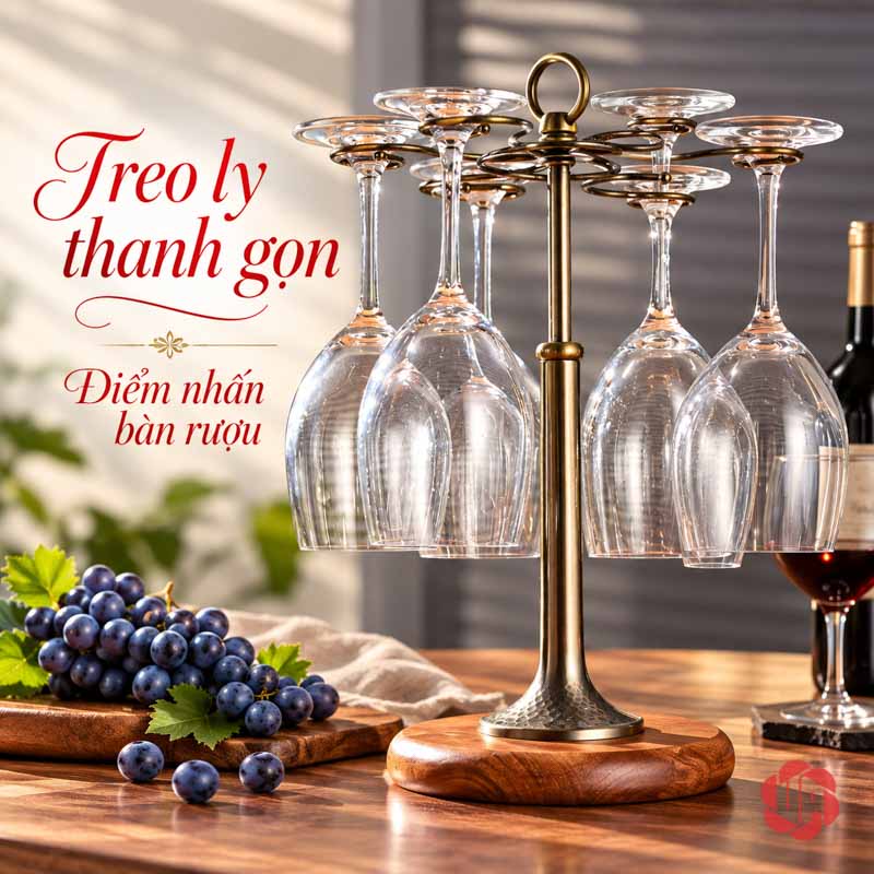 Giá Treo Ly Rượu Vang Đế Gỗ UP002L Giá treo ly trên bàn gỗ cạnh nho và bánh