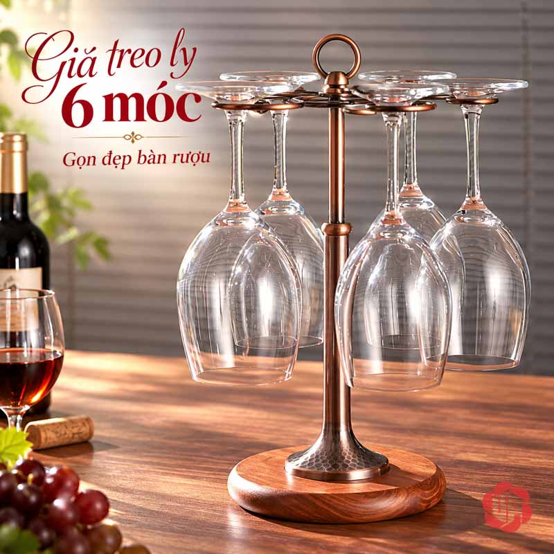 Giá Treo Ly Rượu Vang Đế Gỗ UP002L Giá treo ly đế gỗ có sáu móc quanh vòng tròn trên đỉnh