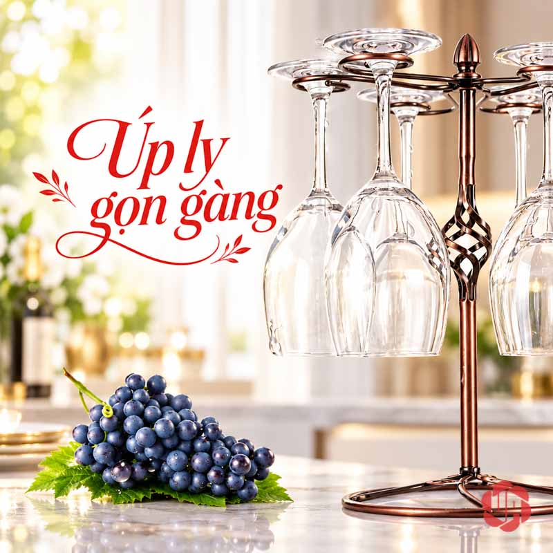 Giá Treo Ly Rượu Vang Khung Thanh Mảnh UP001L Góc gần các ly úp trên giá nâu đồng cạnh chùm nho
