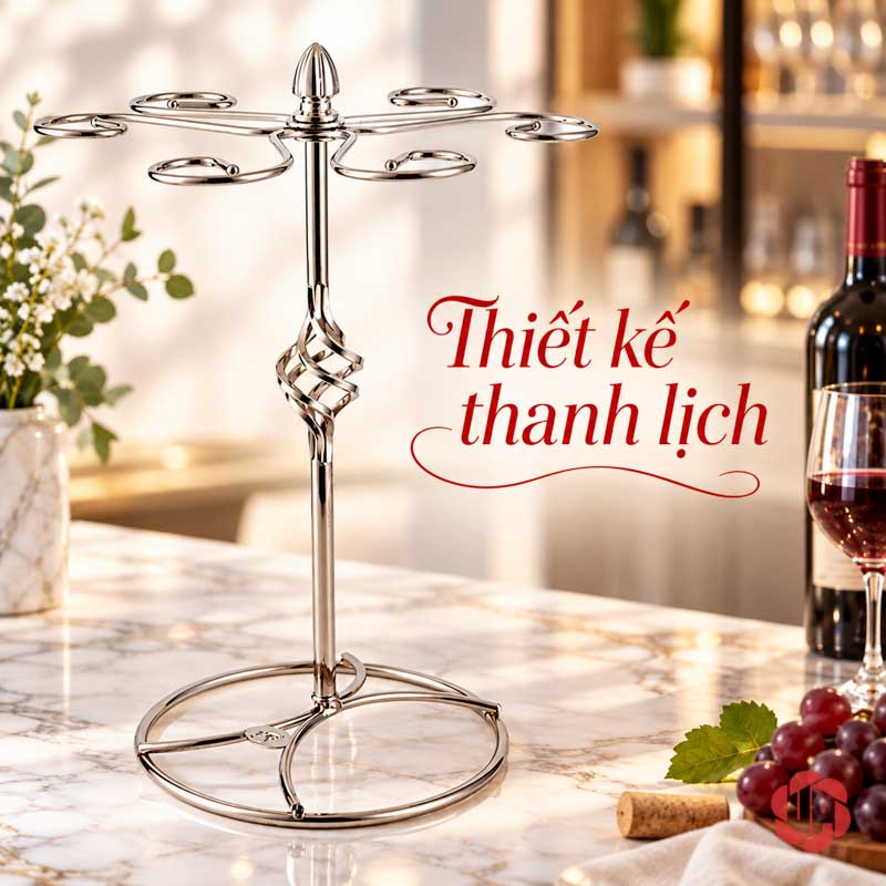 Giá Treo Ly Rượu Vang Khung Thanh Mảnh UP001L Giá treo ly bạc không có ly, thấy rõ trụ xoắn và đế tròn
