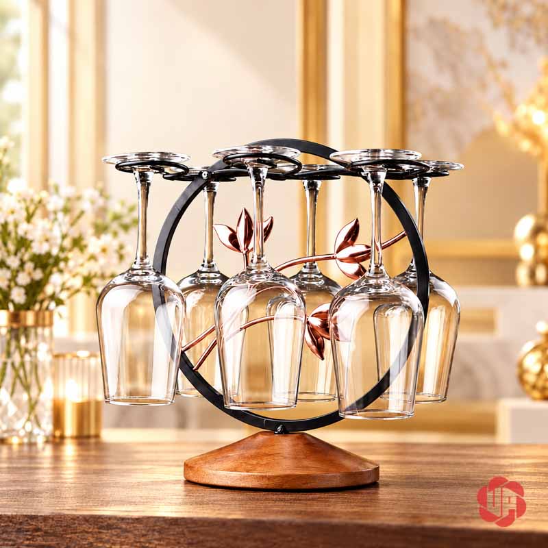 Giá Treo Ly Khung Tròn Cành Hoa UP018L Giá ly vòng tròn đen có cành hoa ánh đồng và đế màu gỗ