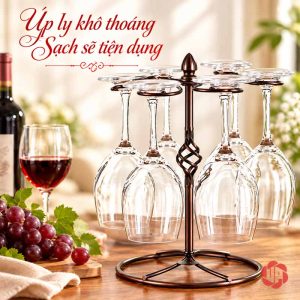 Giá treo ly nâu đen có các ly úp quanh trụ giữa