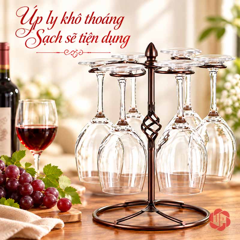 Giá Treo Ly Rượu Vang Khung Thanh Mảnh UP001L Giá treo ly nâu đen có các ly úp quanh trụ giữa