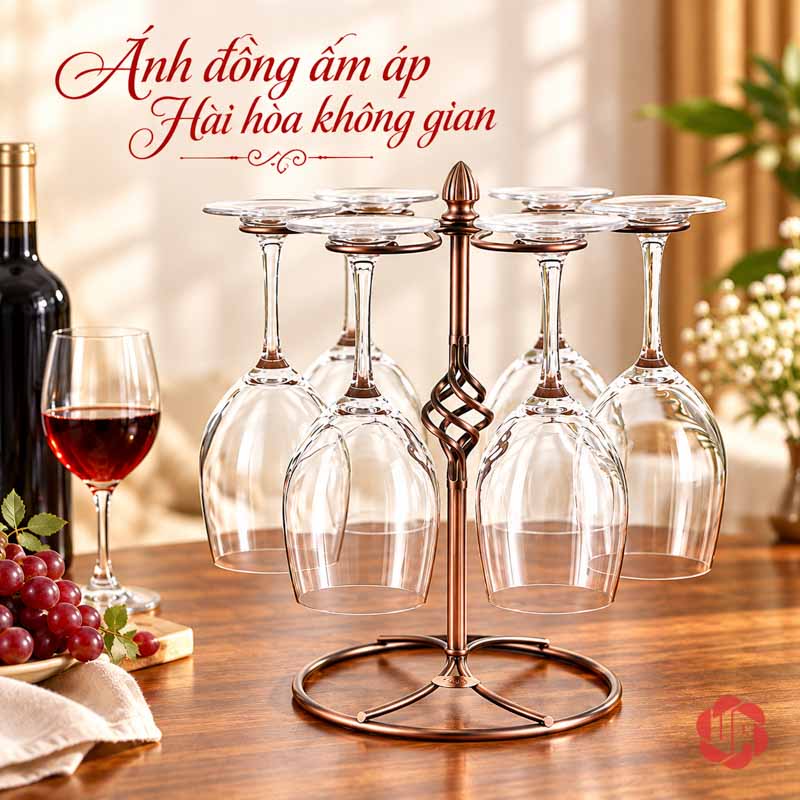 Giá Treo Ly Rượu Vang Khung Thanh Mảnh UP001L Giá treo ly nâu đồng bên chai rượu và đĩa trái cây