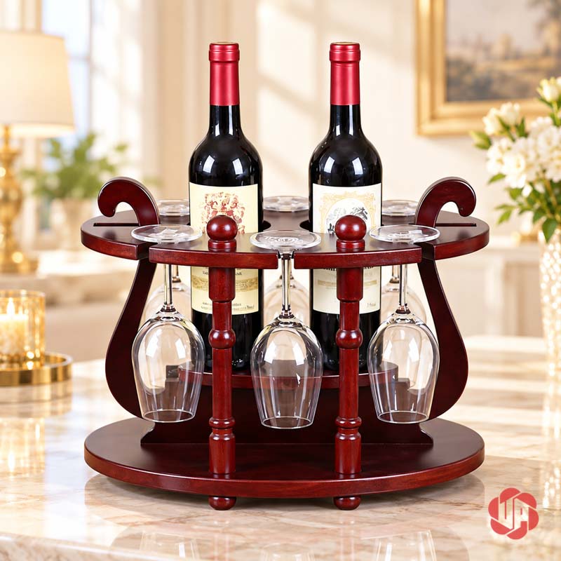 Giá Treo Ly Rượu Gỗ Cổ Điển UP019L Giá ly gỗ nâu đỏ có hai chai và các ly minh họa