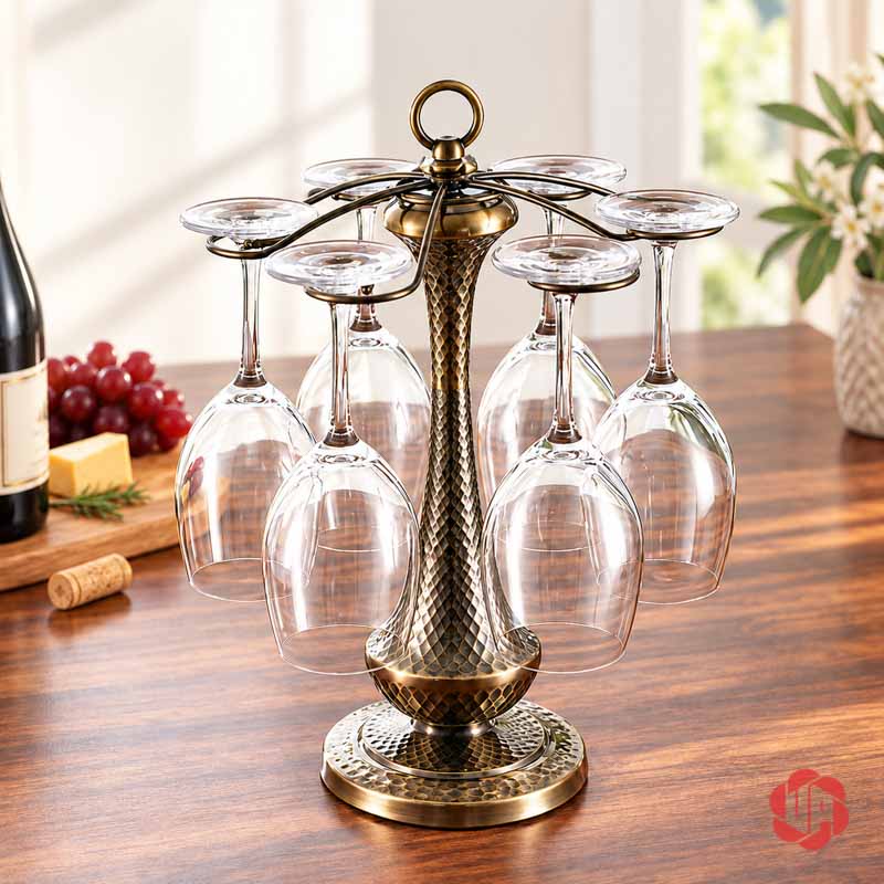 Giá Treo Ly Rượu Vang Cổ Điển UP003L Giá treo ly vàng đồng có thân vân nổi và chân đế tròn