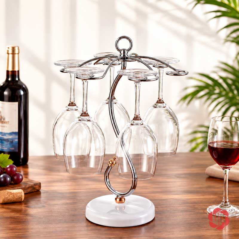 Giá Treo Ly Rượu Vang Dáng Uốn UP005L Giá treo ly màu bạc thân uốn trên chân đế trắng