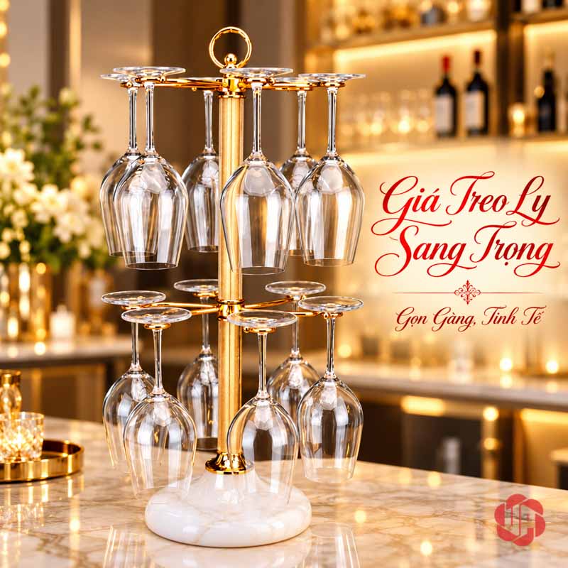 Giá Treo Ly Rượu Vang Hai Tầng Đế Đá UP039L Giá ly vàng hai tầng có ly treo và đế đá sáng