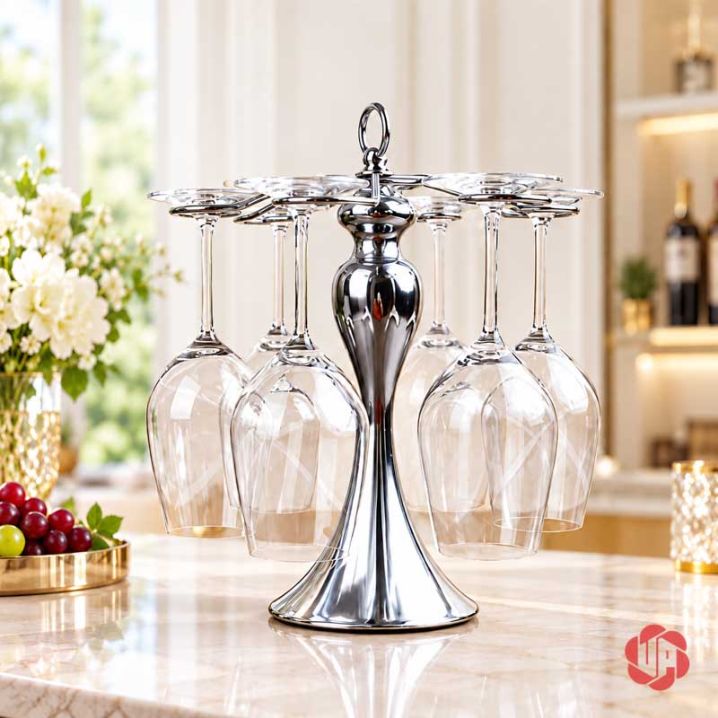 Giá Treo Ly Rượu Vang Màu Bạc Sáu Móc UP037L Giá ly màu bạc thân thon với ly treo quanh trụ