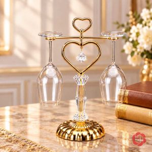 Giá ly vàng hình trái tim với hai ly và đế tròn có rãnh