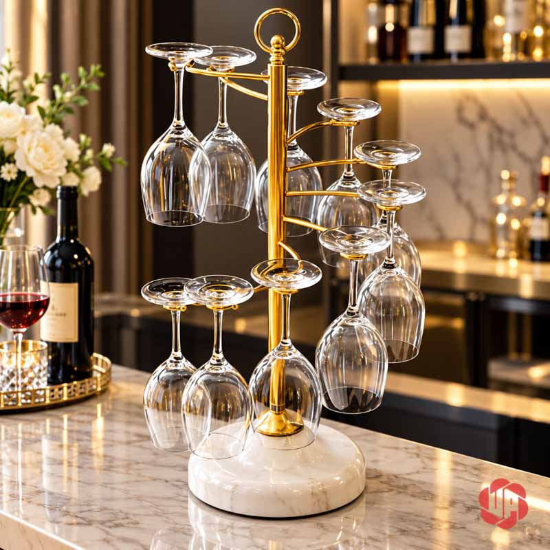 Giá Treo Ly Rượu Vang Xoắn Bậc Thang UP040L Giá ly vàng với các ly xếp xoắn cao thấp trên đế đá