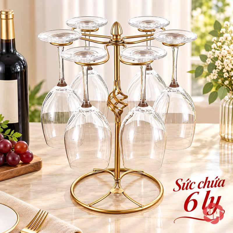 Giá Treo Ly Rượu Vang Khung Thanh Mảnh UP001L Giá treo ly vàng có sáu vị trí quanh thân giữa