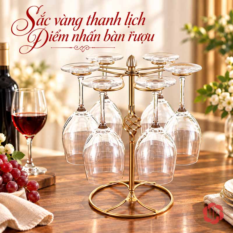 Giá Treo Ly Rượu Vang Khung Thanh Mảnh UP001L Giá treo ly vàng đồng đặt trong góc bàn có hoa