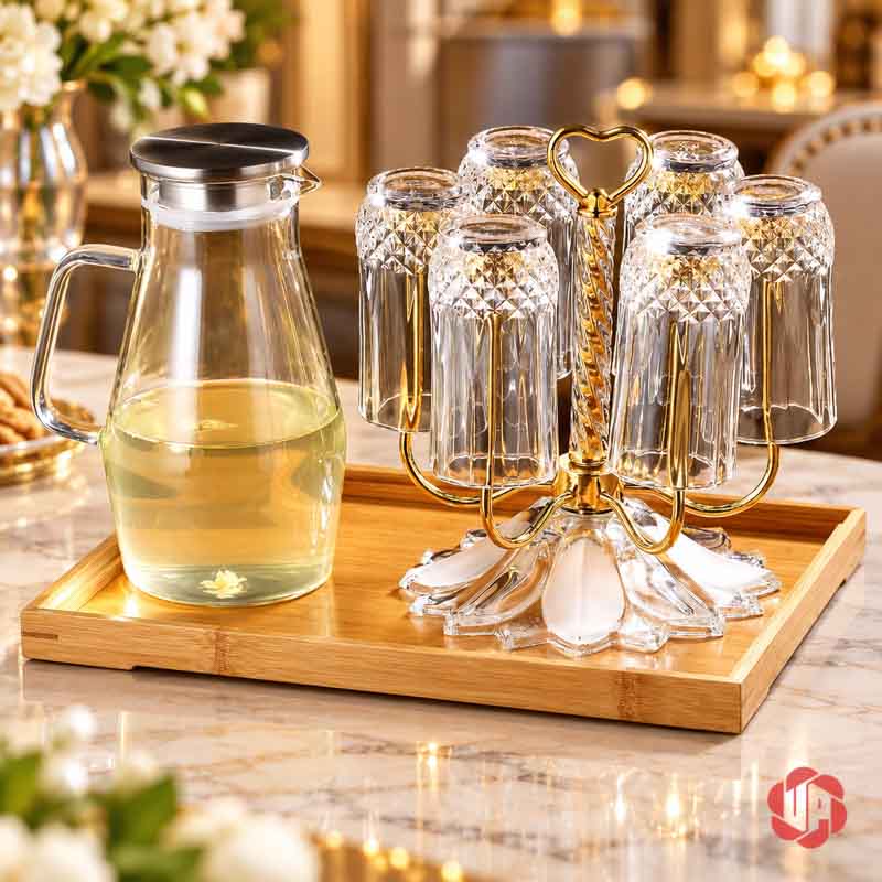 Giá Úp Cốc Để Bàn Tay Cầm Trái Tim UP002C Giá úp cốc vàng đặt cạnh bình nước trên khay gỗ