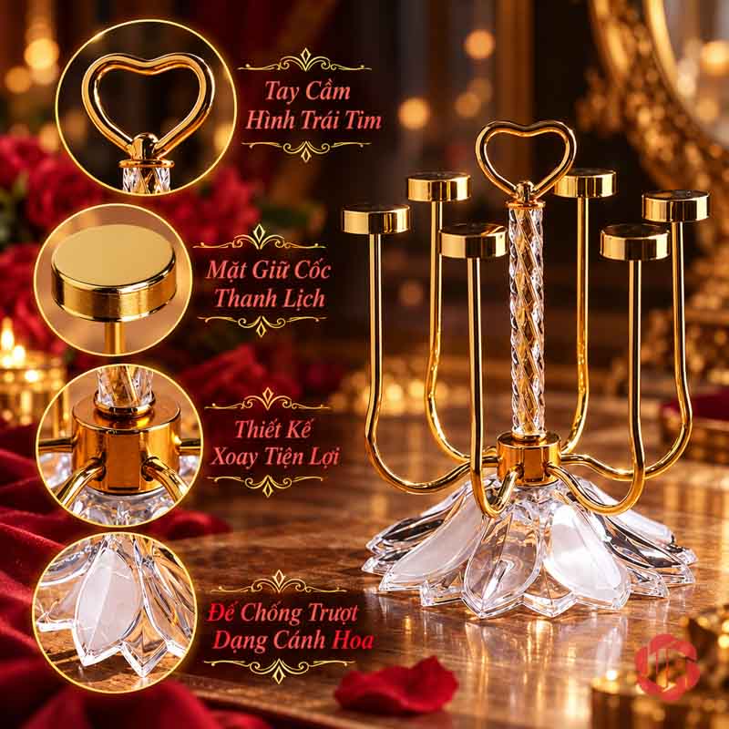 Giá Úp Cốc Để Bàn Tay Cầm Trái Tim UP002C Ảnh tổng hợp tay cầm trái tim, mặt đỡ và chân đế giá cốc