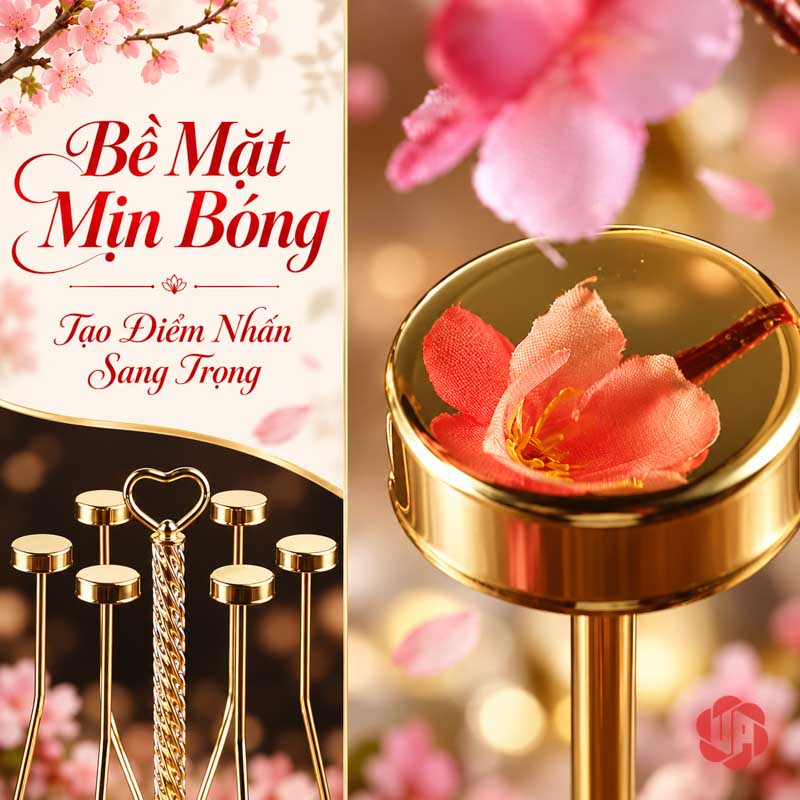 Giá Úp Cốc Để Bàn Tay Cầm Trái Tim UP002C Cận mặt đỡ tròn sáng bóng trên giá úp cốc vàng