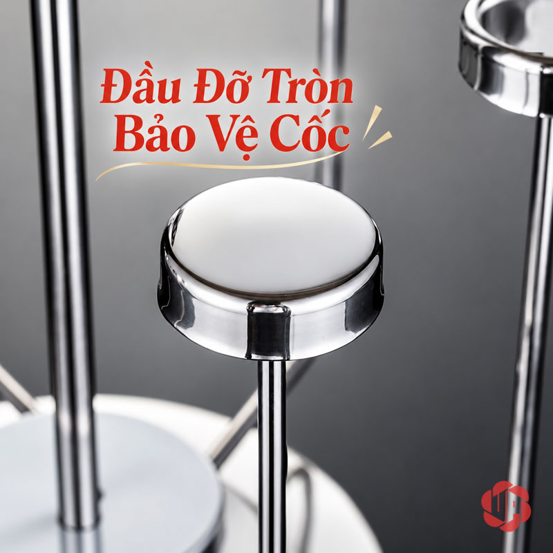 Giá Úp Cốc Uống Nước Inox Đỉnh Pha Lê UP001C Giá úp cốc uống nước cận cảnh đầu đỡ tròn sáng bóng