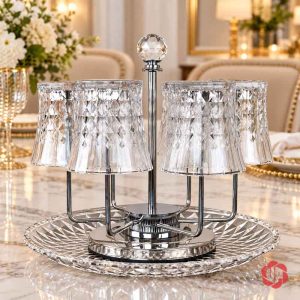 Giá úp cốc uống nước inox phối cốc họa tiết trên đĩa tròn