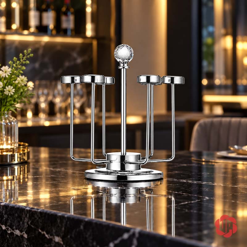 Giá Úp Cốc Uống Nước Inox Đỉnh Pha Lê UP001C Giá úp cốc uống nước inox trên bàn tối cạnh kệ có đèn